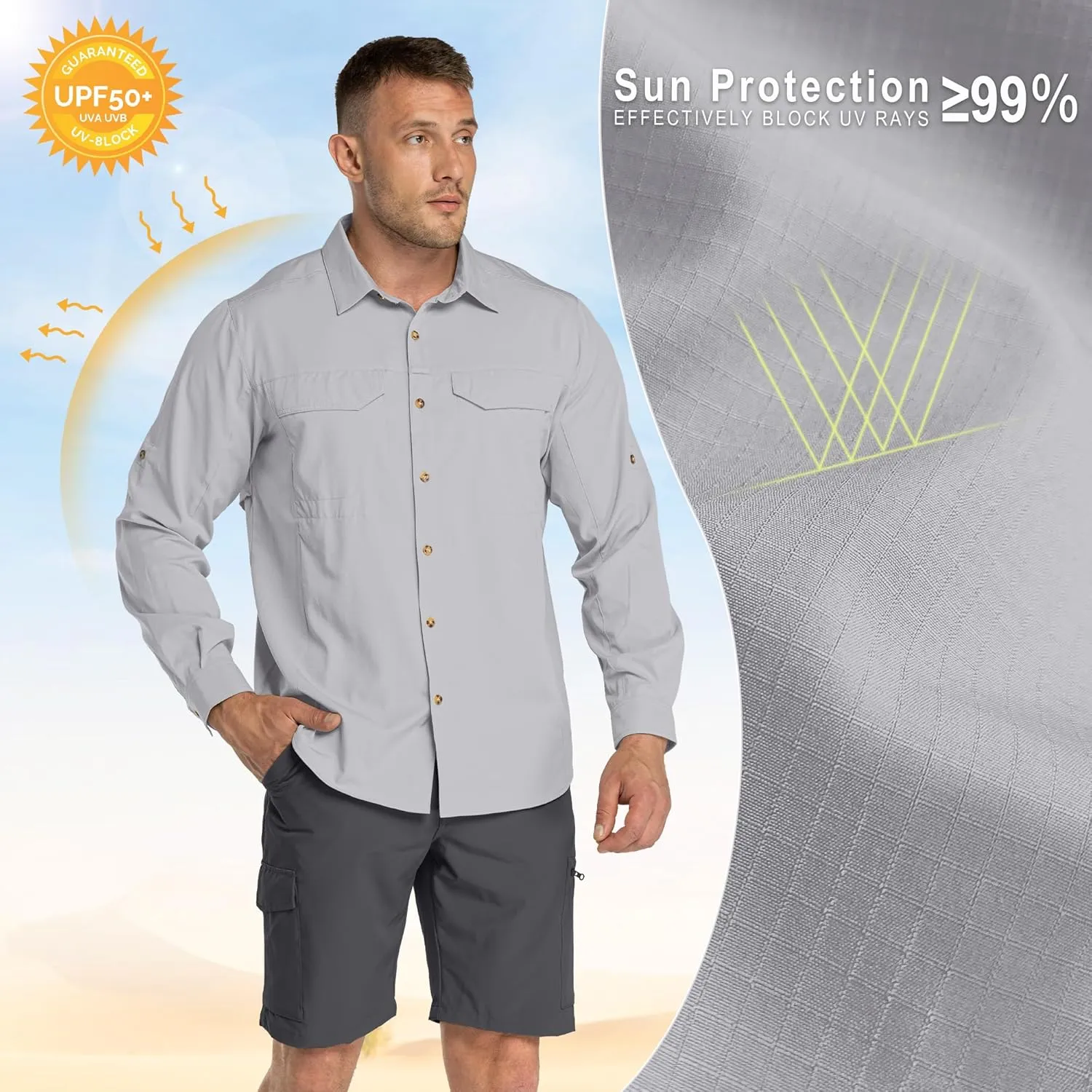 33,000ft Men's Long Sleeve Hiking Shirts Lightweight Quick Dry Sun Protection UV UPF 50 Fishing Shirt Outdoor Safari Travel