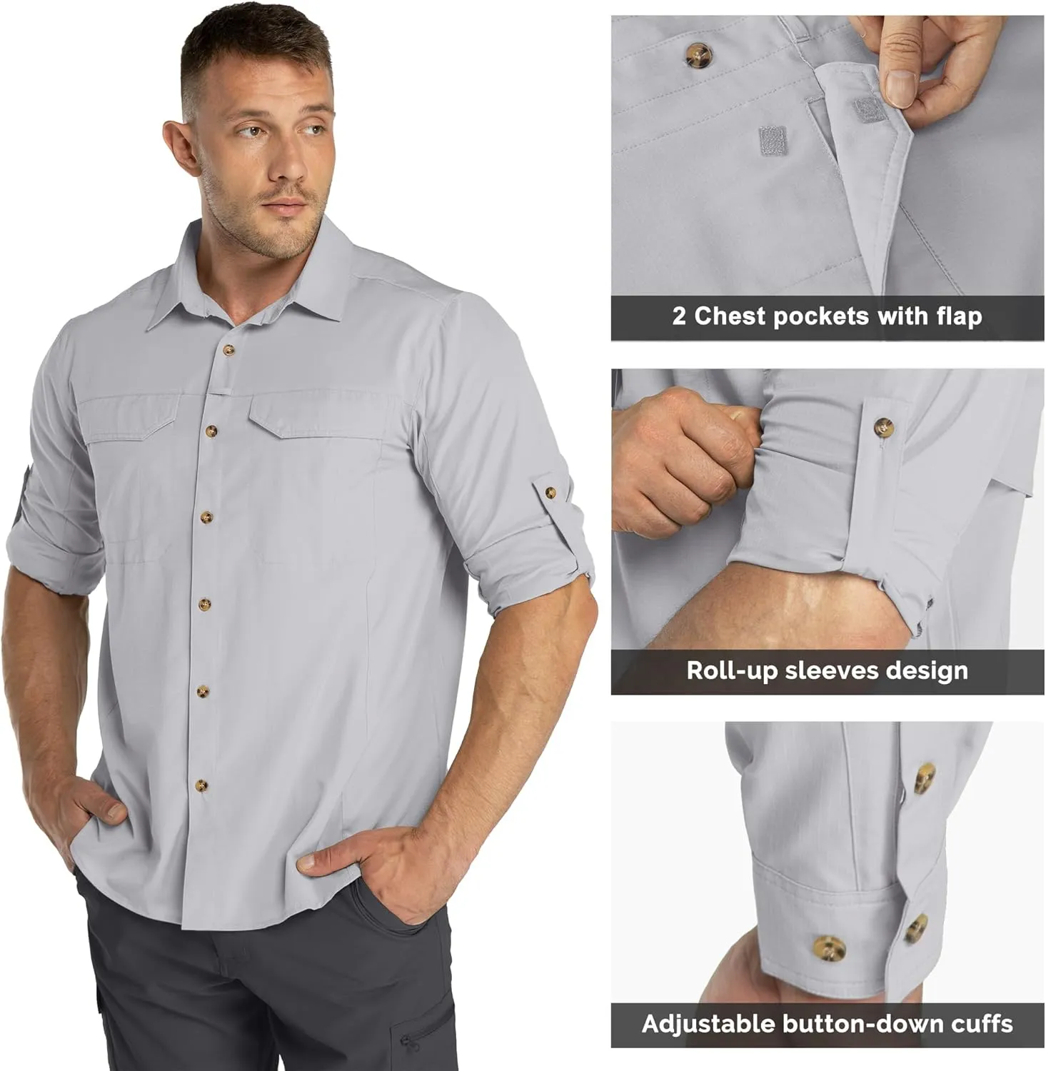 33,000ft Men's Long Sleeve Hiking Shirts Lightweight Quick Dry Sun Protection UV UPF 50 Fishing Shirt Outdoor Safari Travel