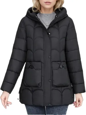 Adhdyuud Women's Down Cotton Warm Coats Winter Midi Length Hooded Lightweight Padded Jacket