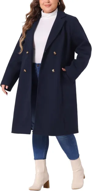 Agnes Orinda Plus Size Long Coats for Women Notched Lapel Winter Warm Double Breasted Coat