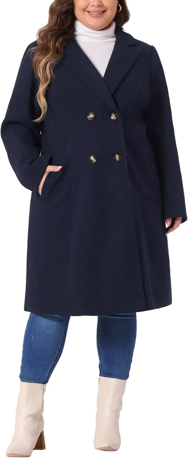 Agnes Orinda Plus Size Long Coats for Women Notched Lapel Winter Warm Double Breasted Coat