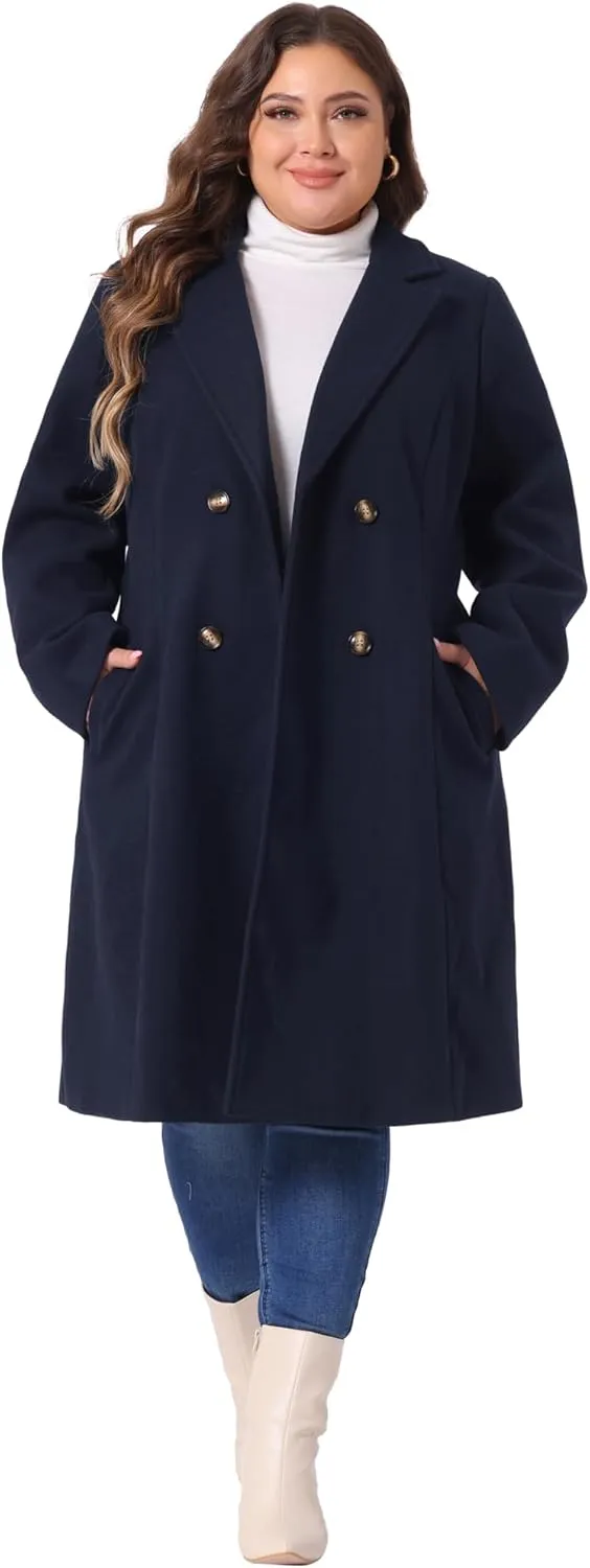 Agnes Orinda Plus Size Long Coats for Women Notched Lapel Winter Warm Double Breasted Coat