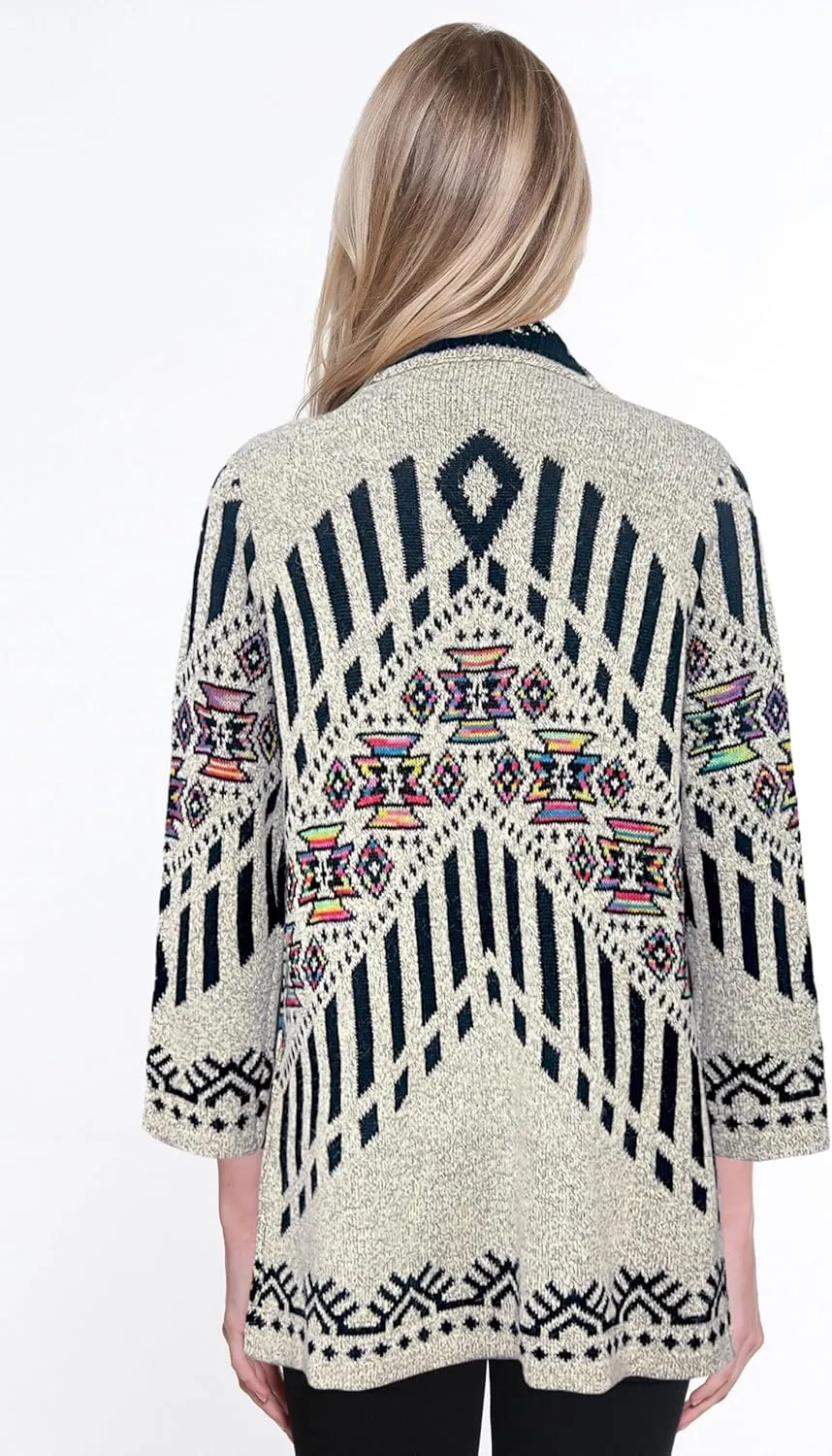 Ali Miles Women's Jacquard Sweater Knit Cardigan Three Quarter Sleeve