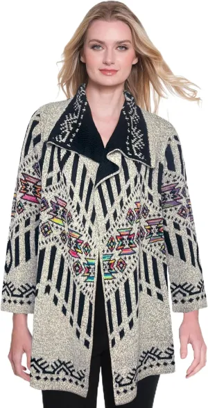 Ali Miles Women's Jacquard Sweater Knit Cardigan Three Quarter Sleeve