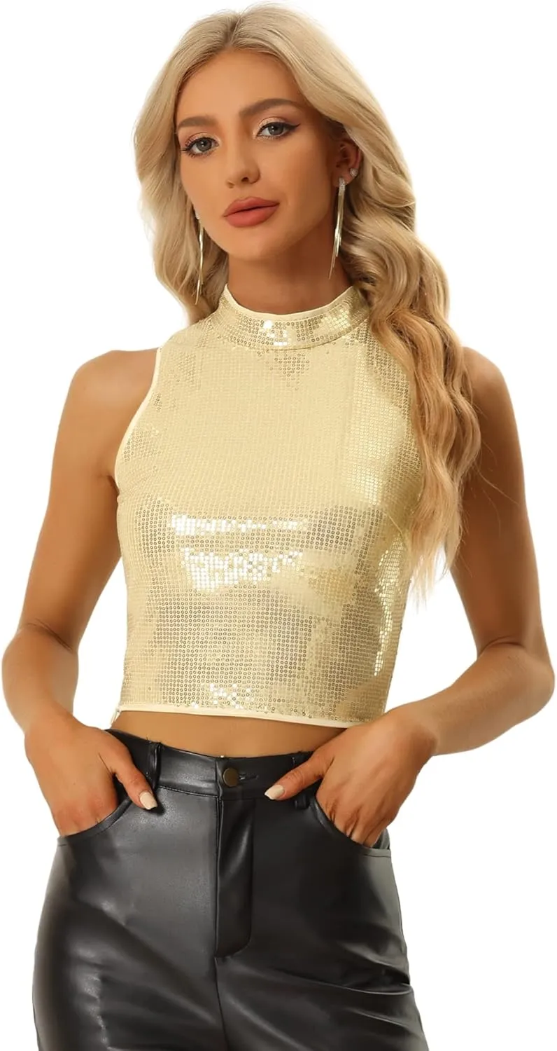 Allegra K Metallic Crop Top for Women's Sleeveless Sparkly Sequin Tops