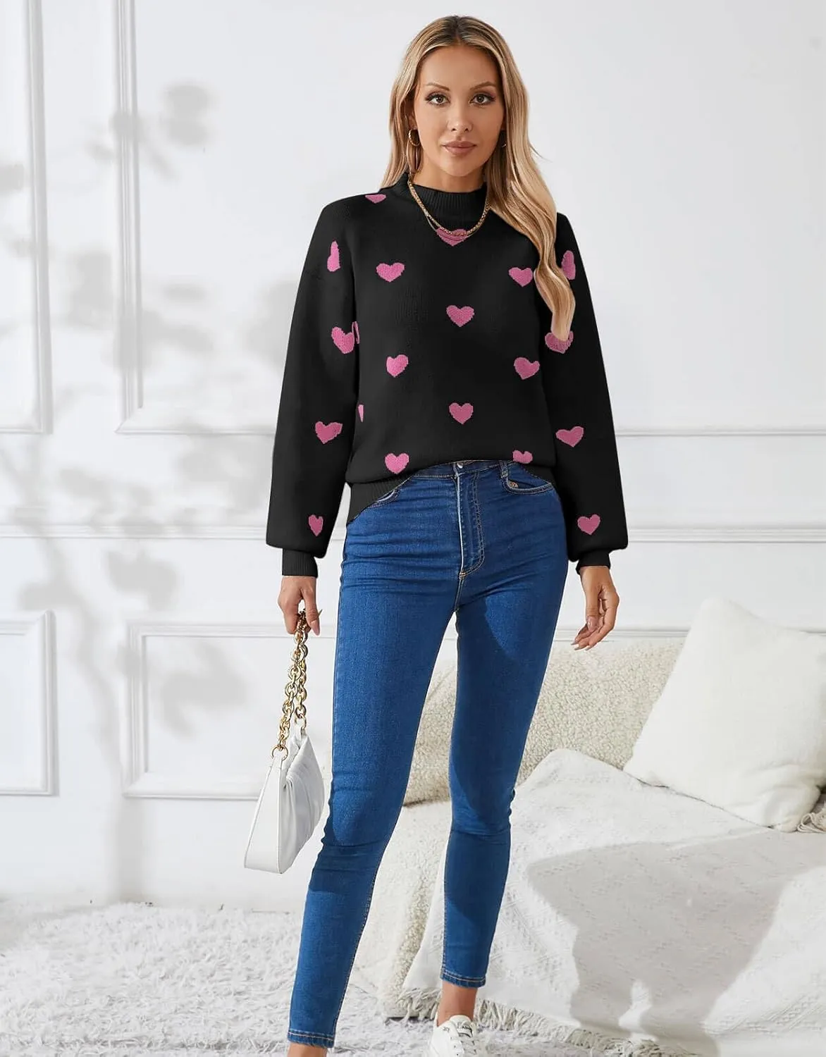 Alsol Lamesa Women's 2025 Fall Winter Mock Neck Long Sleeve Striped Color Block Cute Heart Ribbed Knit Pullover Sweaters