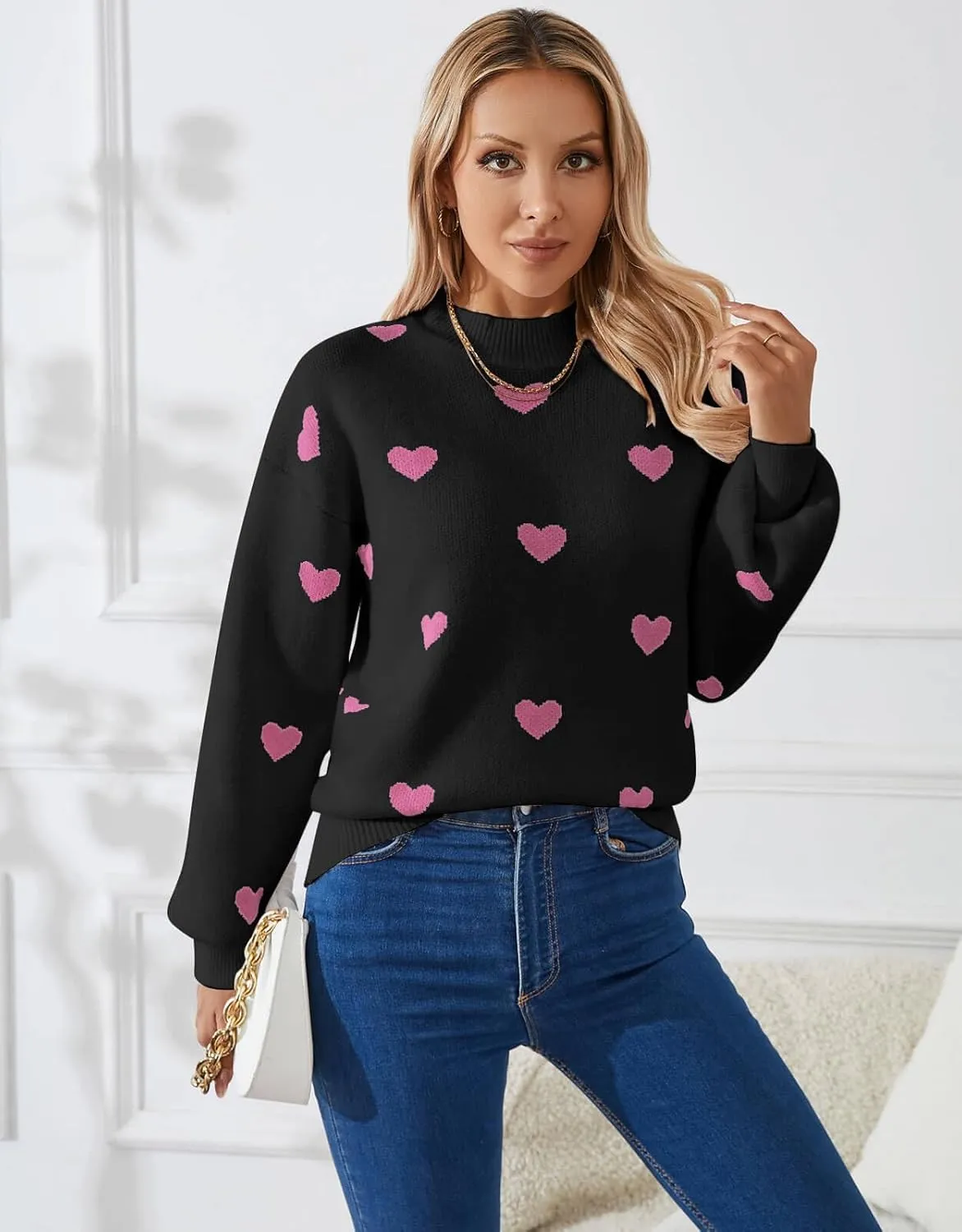 Alsol Lamesa Women's 2025 Fall Winter Mock Neck Long Sleeve Striped Color Block Cute Heart Ribbed Knit Pullover Sweaters