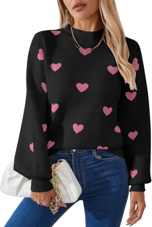 Alsol Lamesa Women's 2025 Fall Winter Mock Neck Long Sleeve Striped Color Block Cute Heart Ribbed Knit Pullover Sweaters