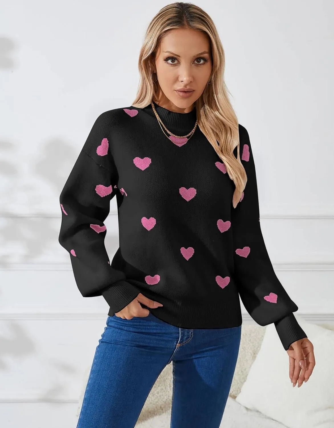 Alsol Lamesa Women's 2025 Fall Winter Mock Neck Long Sleeve Striped Color Block Cute Heart Ribbed Knit Pullover Sweaters