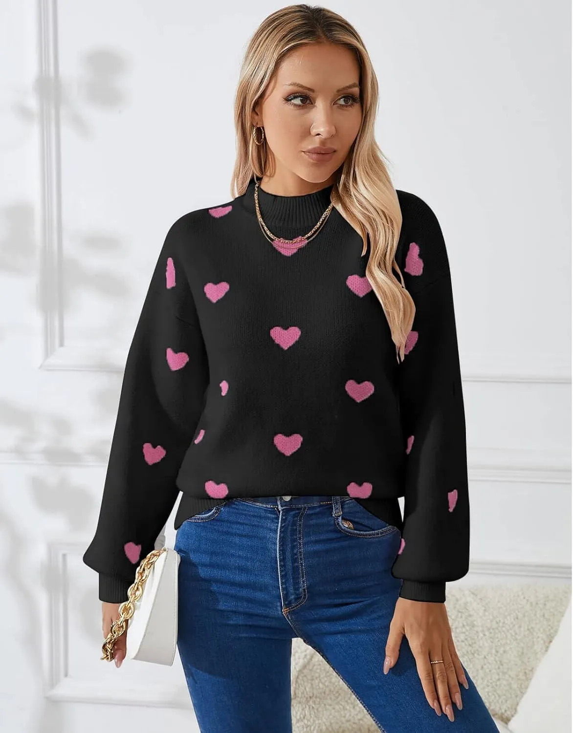 Alsol Lamesa Women's 2025 Fall Winter Mock Neck Long Sleeve Striped Color Block Cute Heart Ribbed Knit Pullover Sweaters