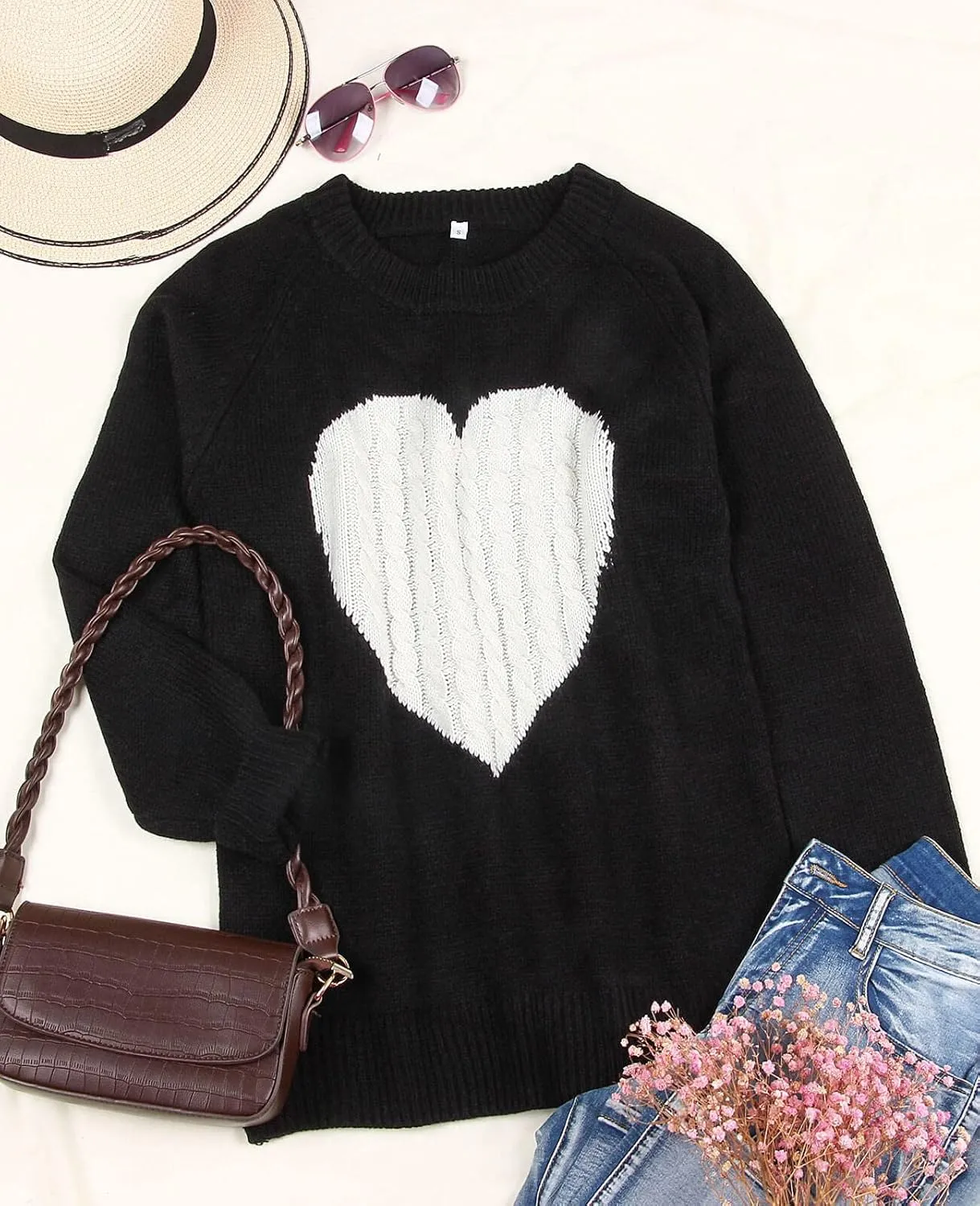 Alsol Lamesa Women's Cute Heart Sweater Long Sleeve Crewneck Pullover Ribbed Knit Casual Sweaters