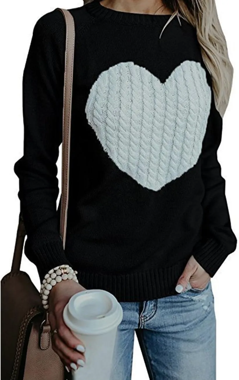 Alsol Lamesa Women's Cute Heart Sweater Long Sleeve Crewneck Pullover Ribbed Knit Casual Sweaters