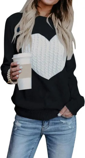 Alsol Lamesa Women's Cute Heart Sweater Long Sleeve Crewneck Pullover Ribbed Knit Casual Sweaters