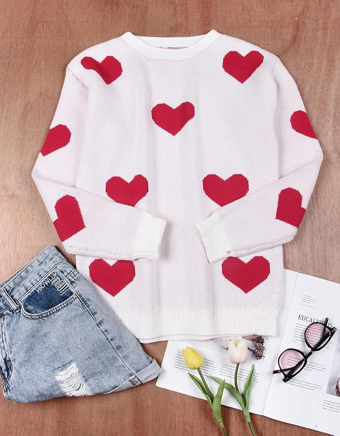Alsol Lamesa Women's Cute Heart Sweater Pullover Long Sleeve Crewneck Casual Knitted Sweaters