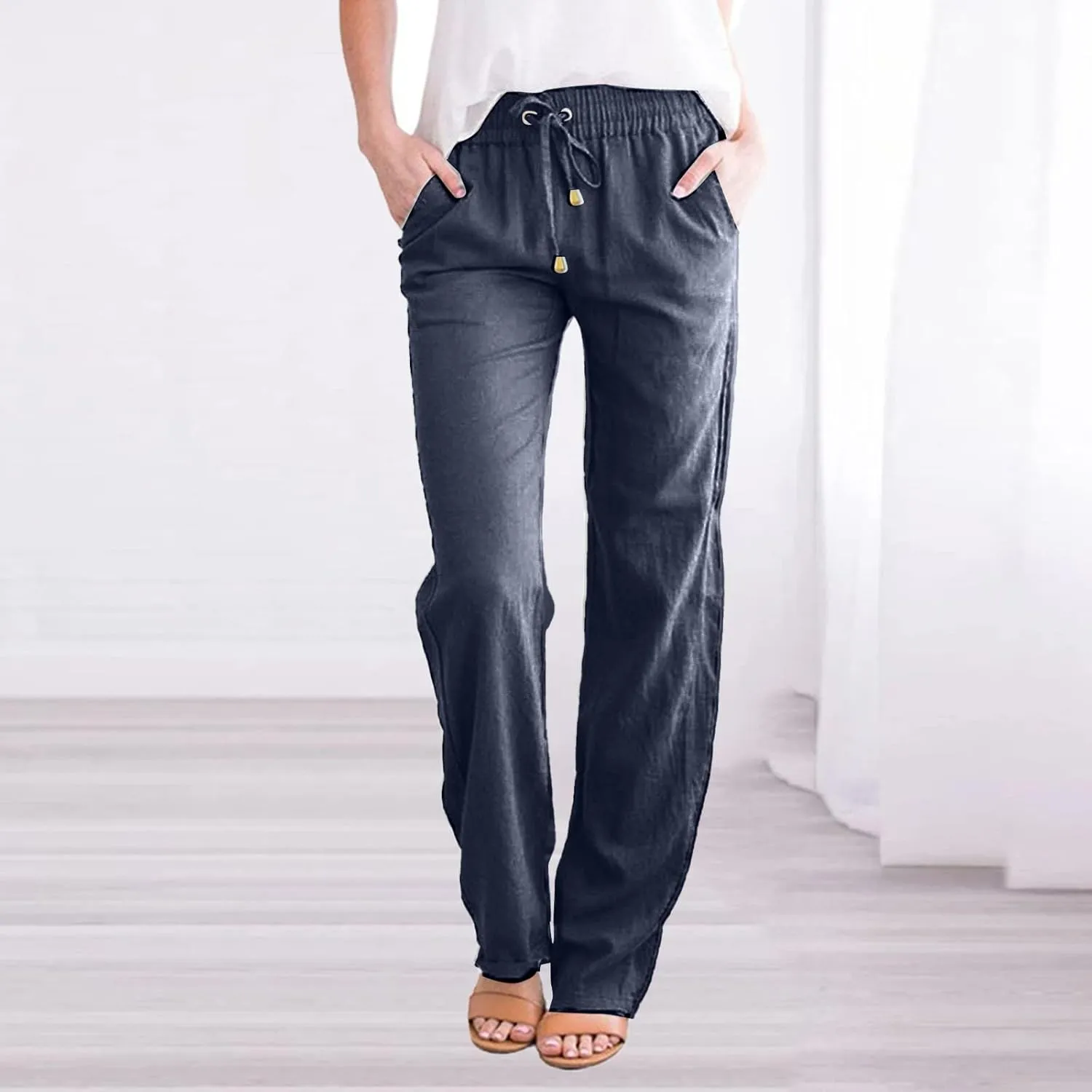 and Straight Solid Elastic Pants Long Drawstring Women Waist Cotton Casual Pants Extra Long Workout Leggings