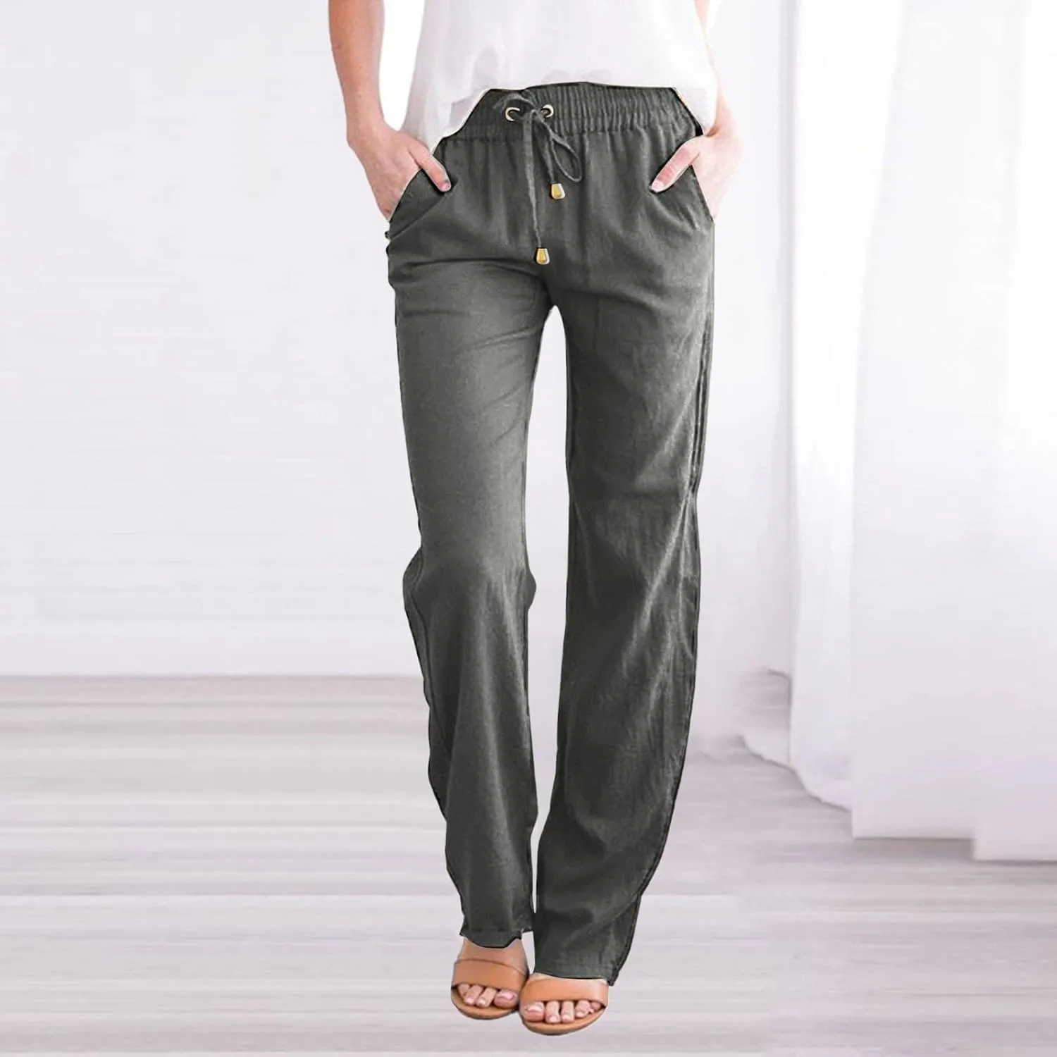 and Straight Solid Elastic Pants Long Drawstring Women Waist Cotton Casual Pants Extra Long Workout Leggings