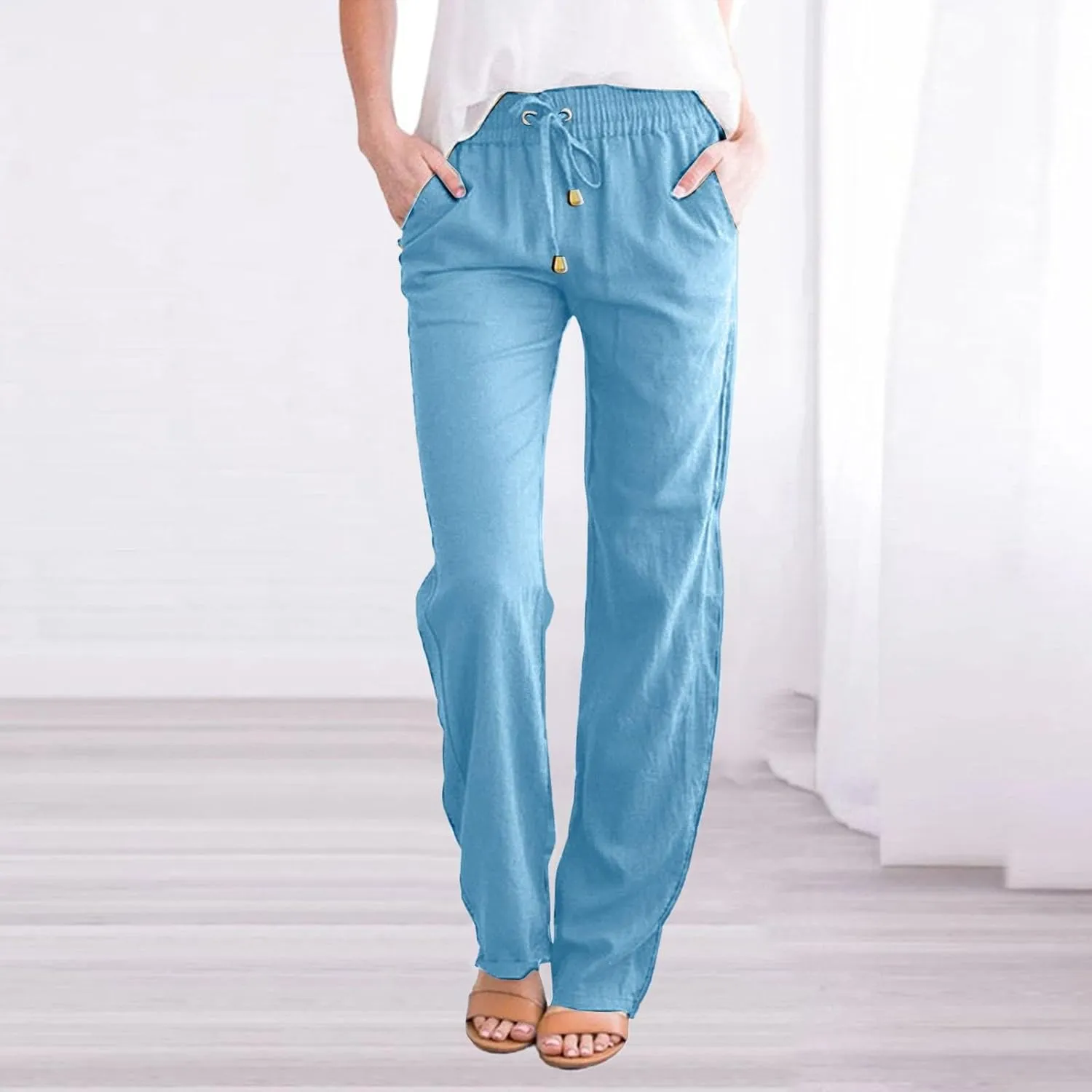 and Straight Solid Elastic Pants Long Drawstring Women Waist Cotton Casual Pants Extra Long Workout Leggings