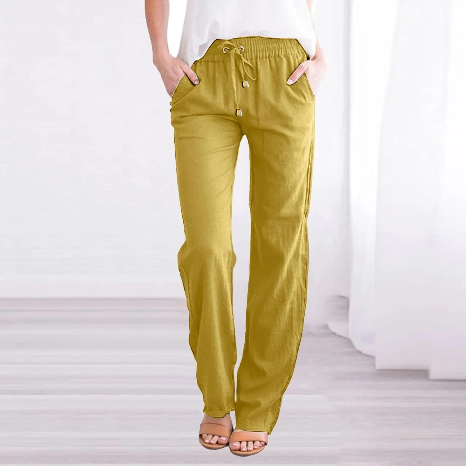 and Straight Solid Elastic Pants Long Drawstring Women Waist Cotton Casual Pants Extra Long Workout Leggings