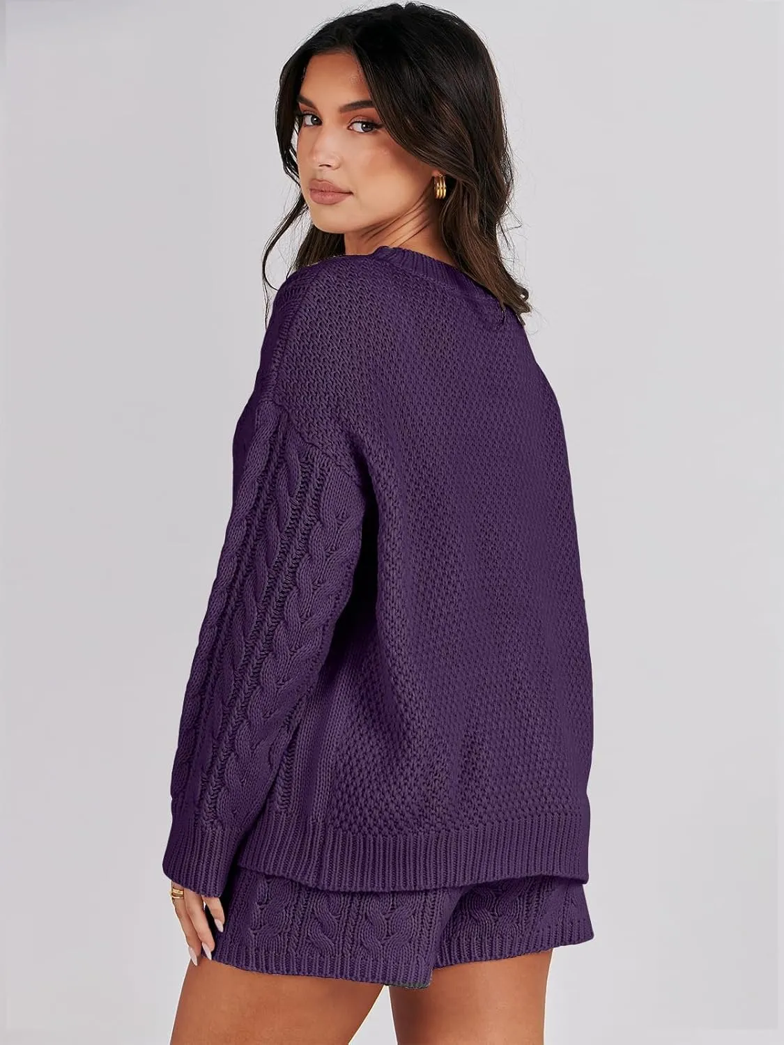 ANRABESS Women 2 Piece Outfits Sweater Lounge Loungewear Sets Spring Cable Knit Oversized Sweaters Short Pants Matching Sets