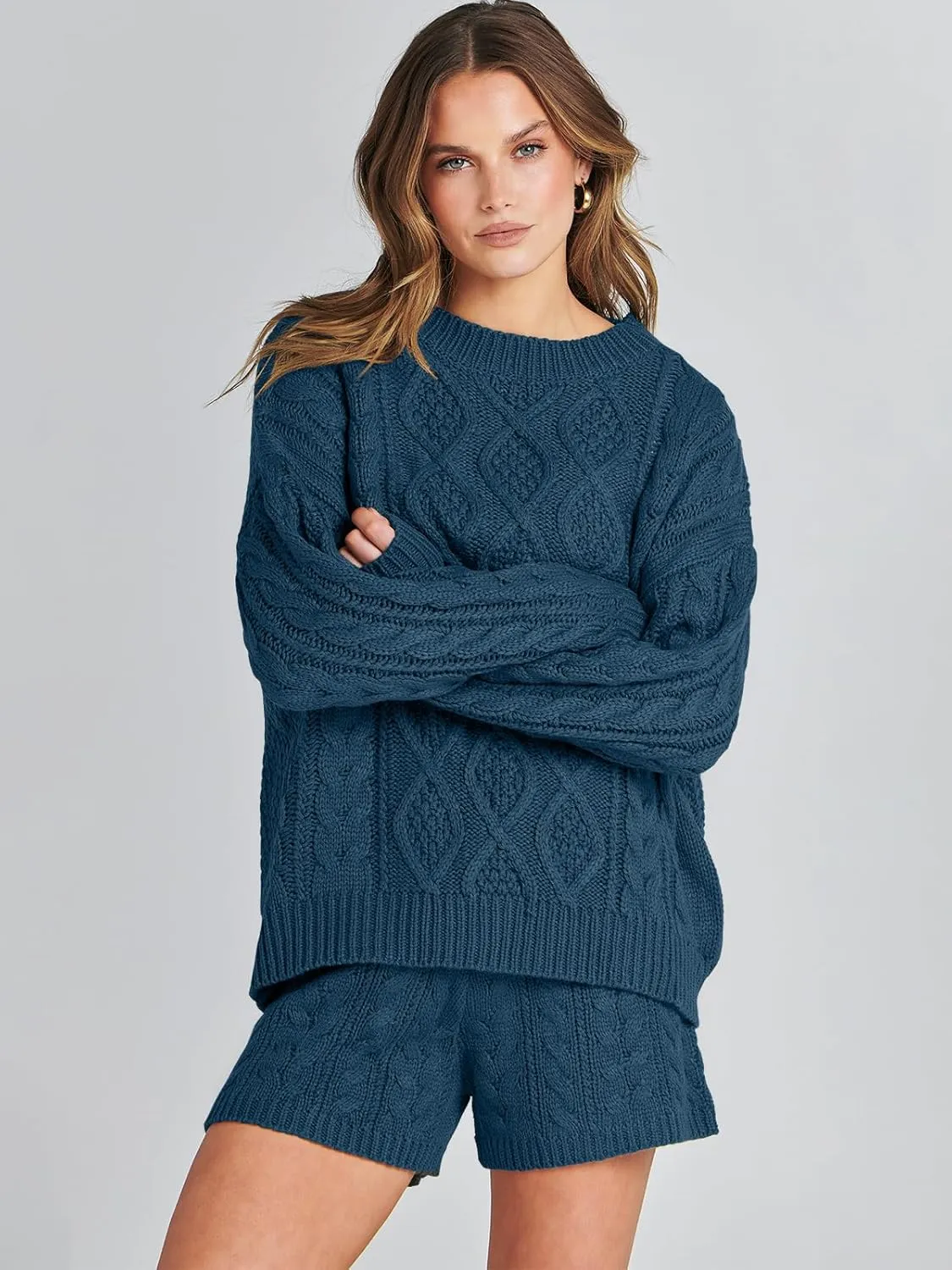 ANRABESS Women 2 Piece Outfits Sweater Lounge Loungewear Sets Spring Cable Knit Oversized Sweaters Short Pants Matching Sets