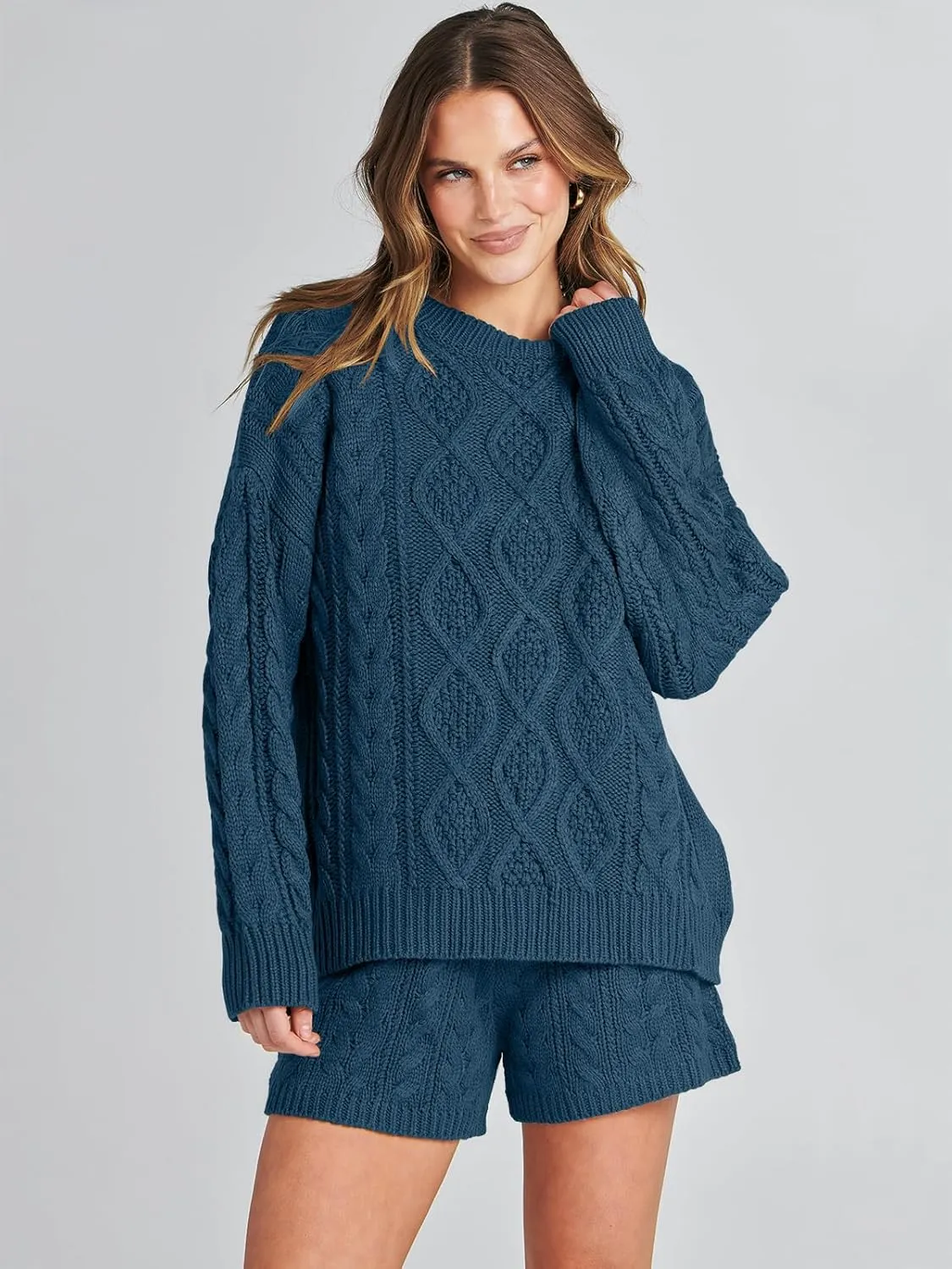 ANRABESS Women 2 Piece Outfits Sweater Lounge Loungewear Sets Spring Cable Knit Oversized Sweaters Short Pants Matching Sets