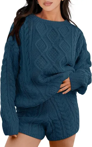 ANRABESS Women 2 Piece Outfits Sweater Lounge Loungewear Sets Spring Cable Knit Oversized Sweaters Short Pants Matching Sets