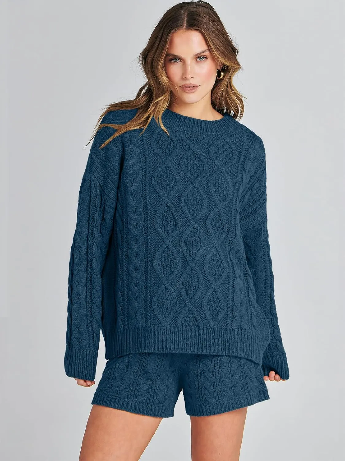 ANRABESS Women 2 Piece Outfits Sweater Lounge Loungewear Sets Spring Cable Knit Oversized Sweaters Short Pants Matching Sets