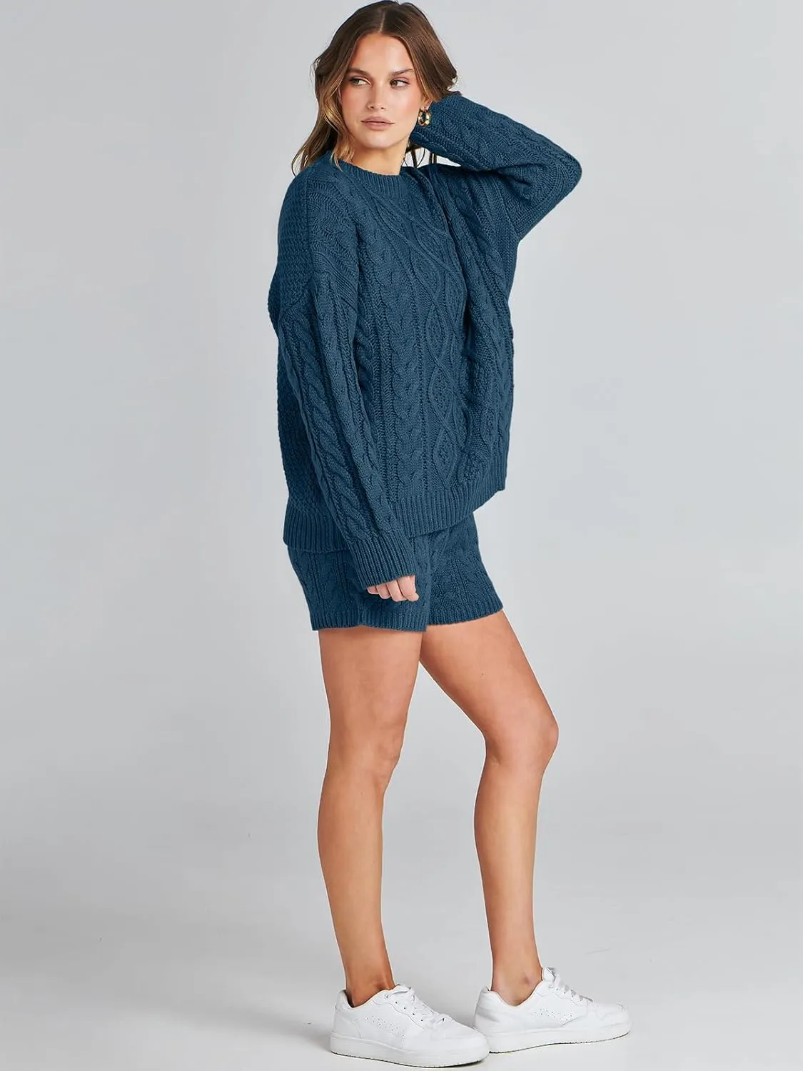 ANRABESS Women 2 Piece Outfits Sweater Lounge Loungewear Sets Spring Cable Knit Oversized Sweaters Short Pants Matching Sets