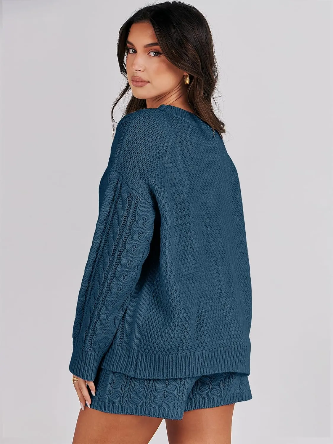 ANRABESS Women 2 Piece Outfits Sweater Lounge Loungewear Sets Spring Cable Knit Oversized Sweaters Short Pants Matching Sets