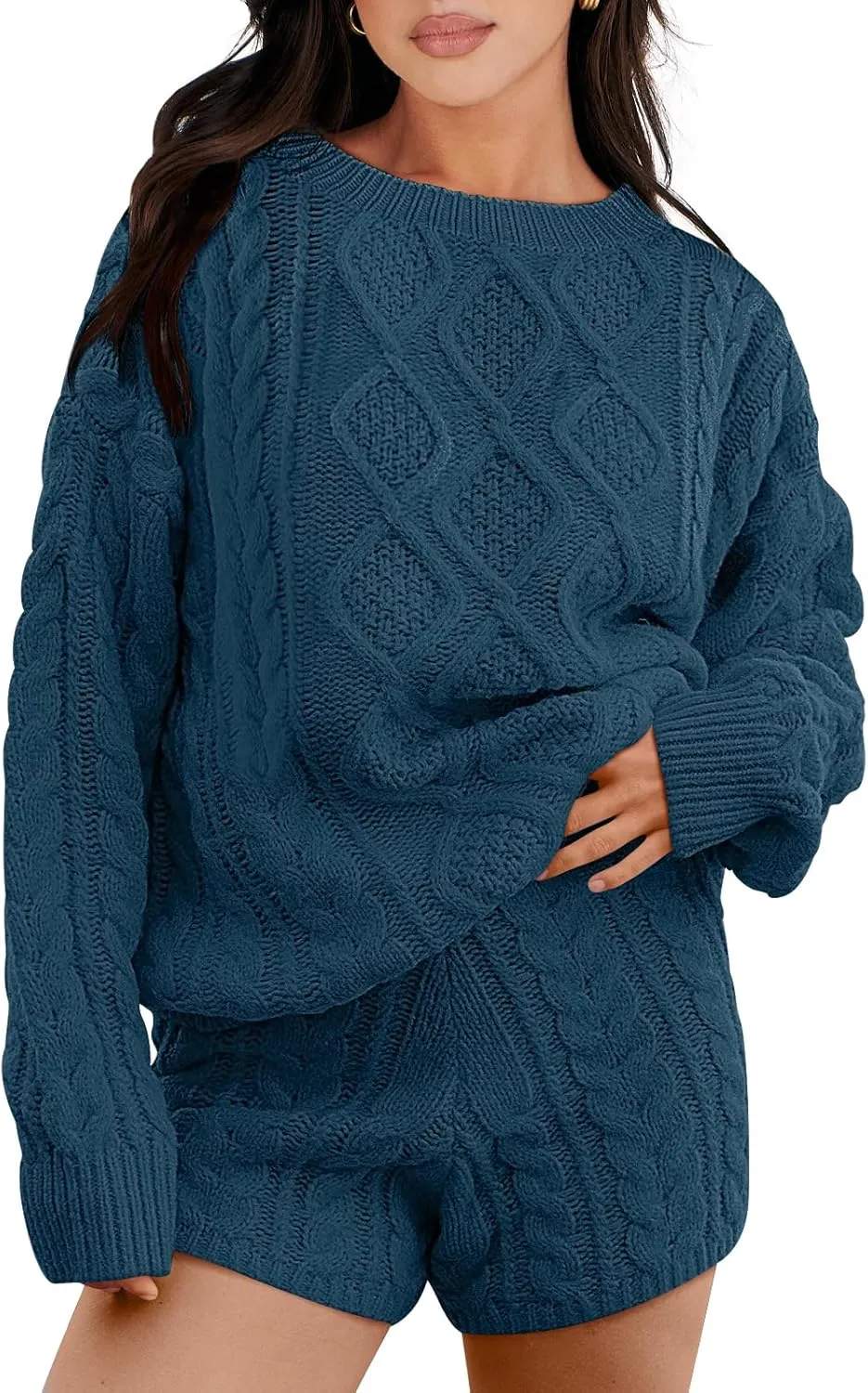 ANRABESS Women 2 Piece Outfits Sweater Lounge Loungewear Sets Spring Cable Knit Oversized Sweaters Short Pants Matching Sets