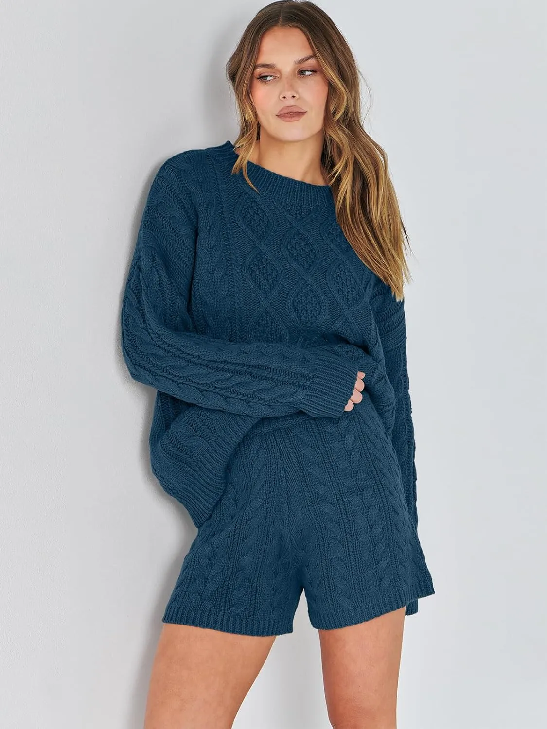 ANRABESS Women 2 Piece Outfits Sweater Lounge Loungewear Sets Spring Cable Knit Oversized Sweaters Short Pants Matching Sets