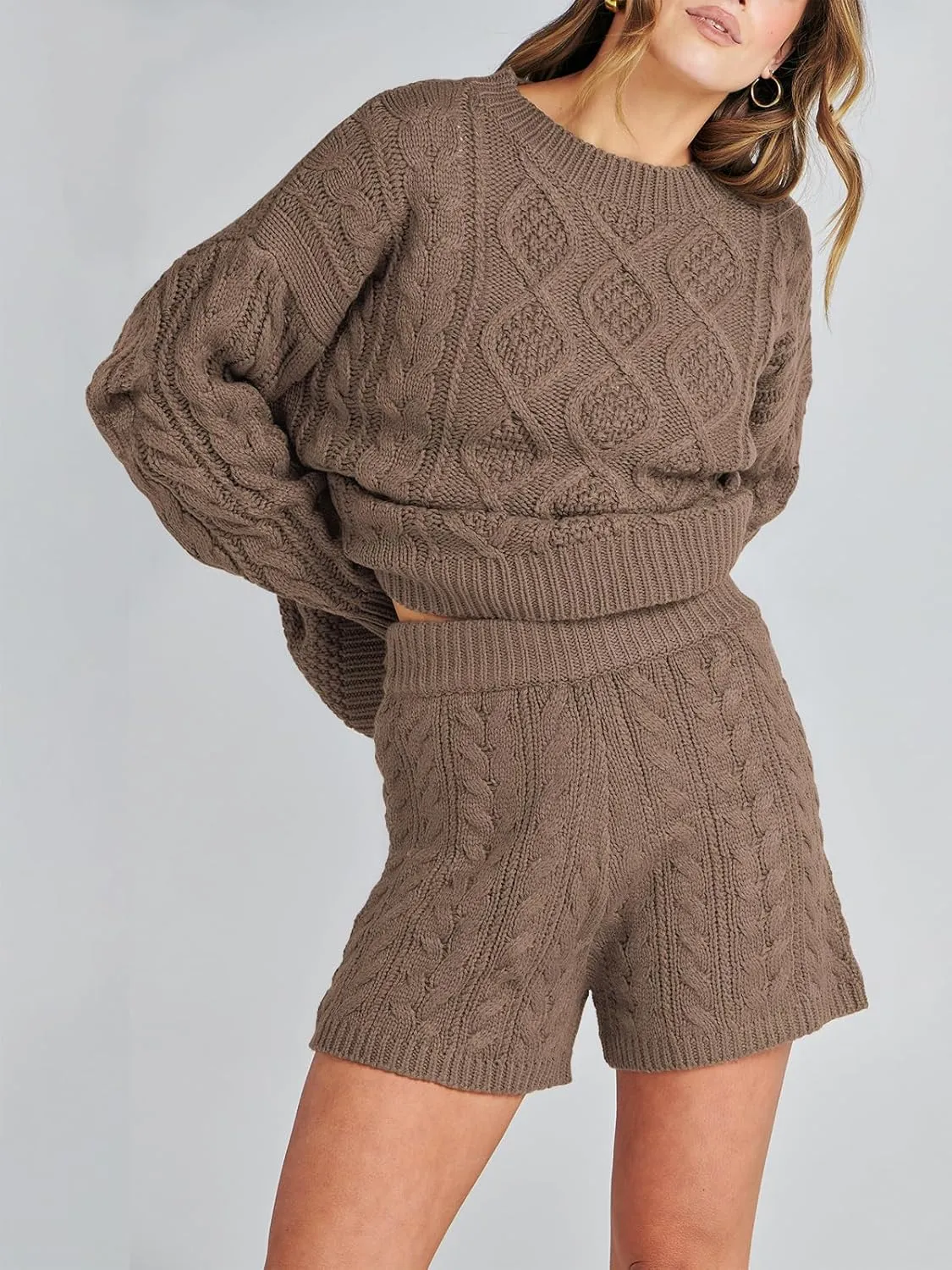 ANRABESS Women 2 Piece Outfits Sweater Lounge Loungewear Sets Spring Cable Knit Oversized Sweaters Short Pants Matching Sets
