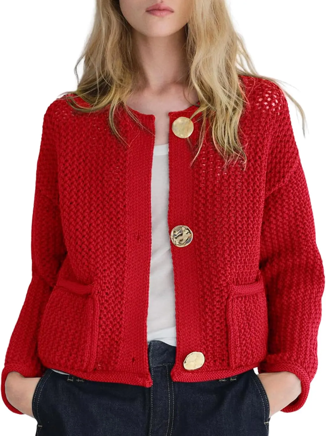 Arssm Womens Cardigan Sweaters 2024 V Neck Long Sleeve Sweater Button Down Knit Sweater Top with Pockets