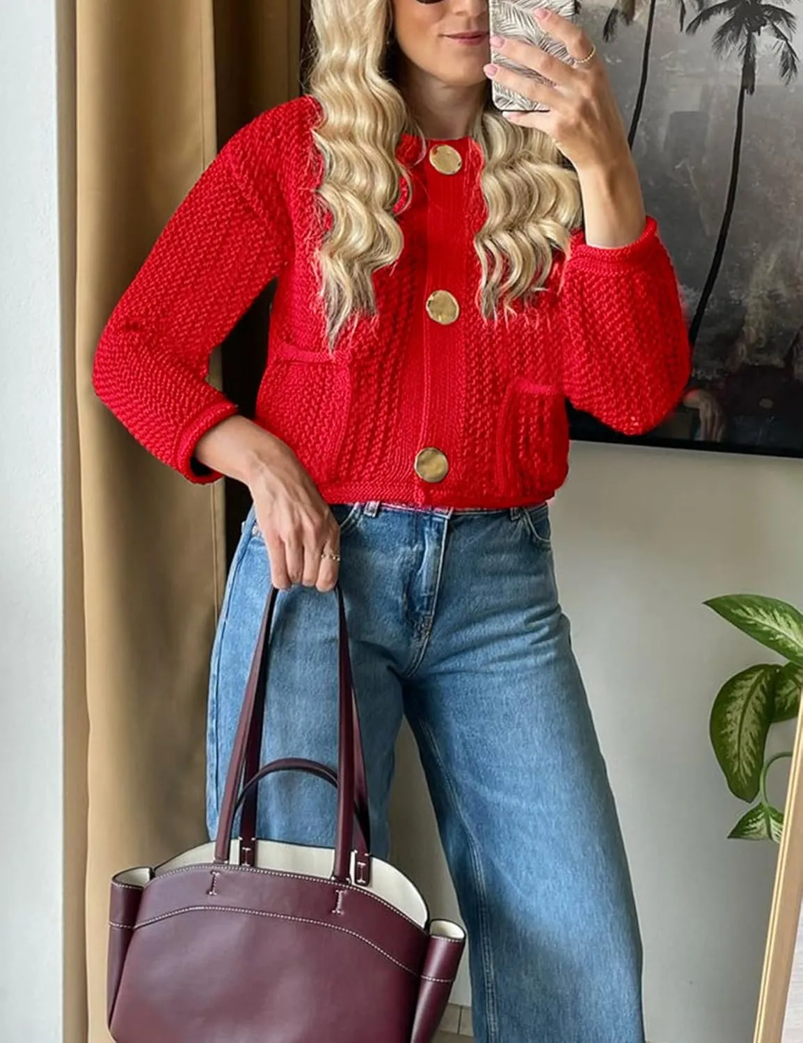Arssm Womens Cardigan Sweaters 2024 V Neck Long Sleeve Sweater Button Down Knit Sweater Top with Pockets
