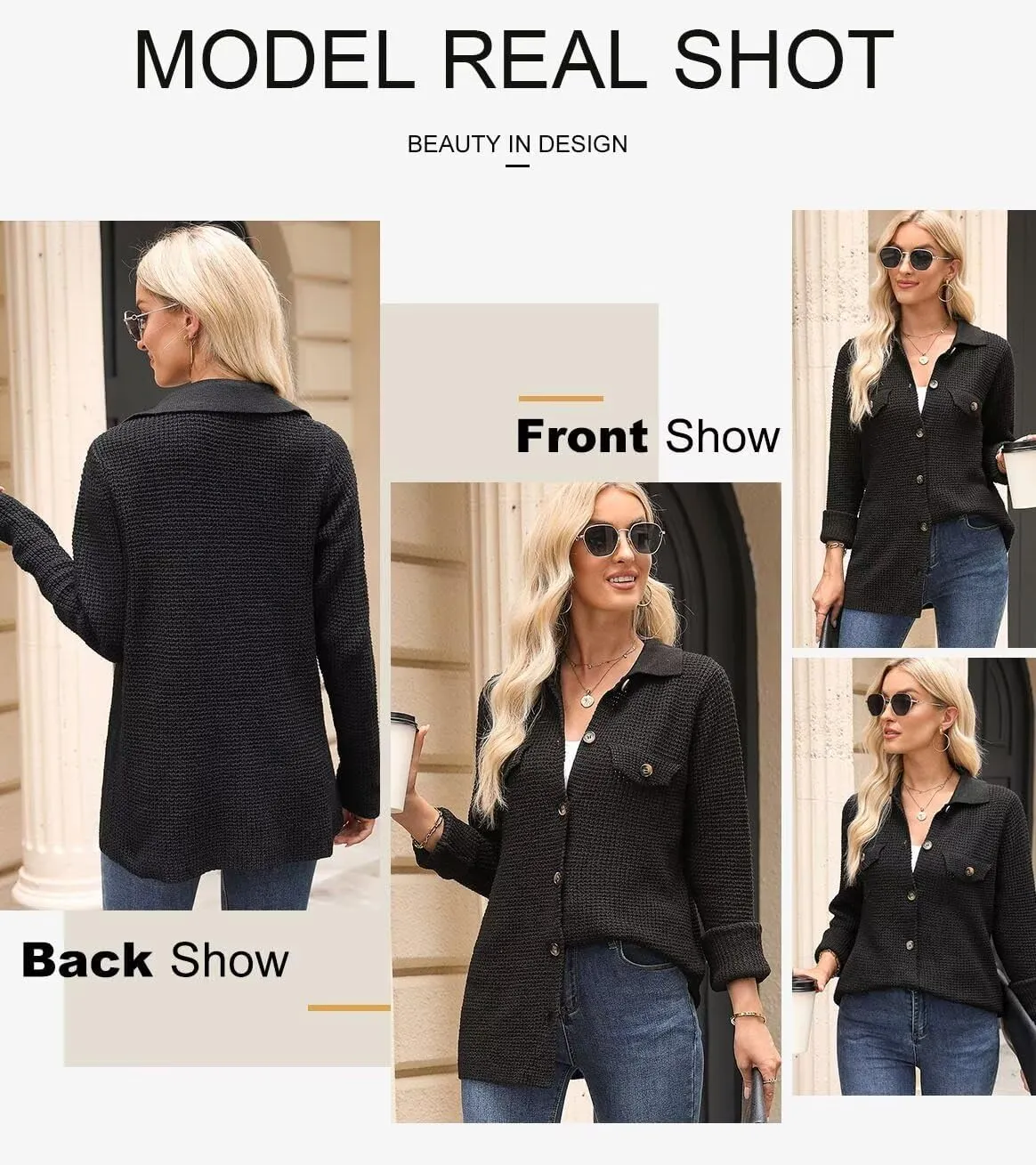 Astylish Women Waffle Knit Shacket Jacket Casual Long Sleeve Sweater Button Down Shirts Dressy Blouse Tops