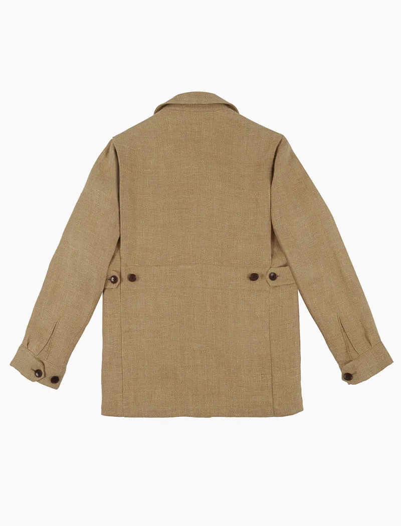 Beige Textured Herringbone Linen Field Jacket