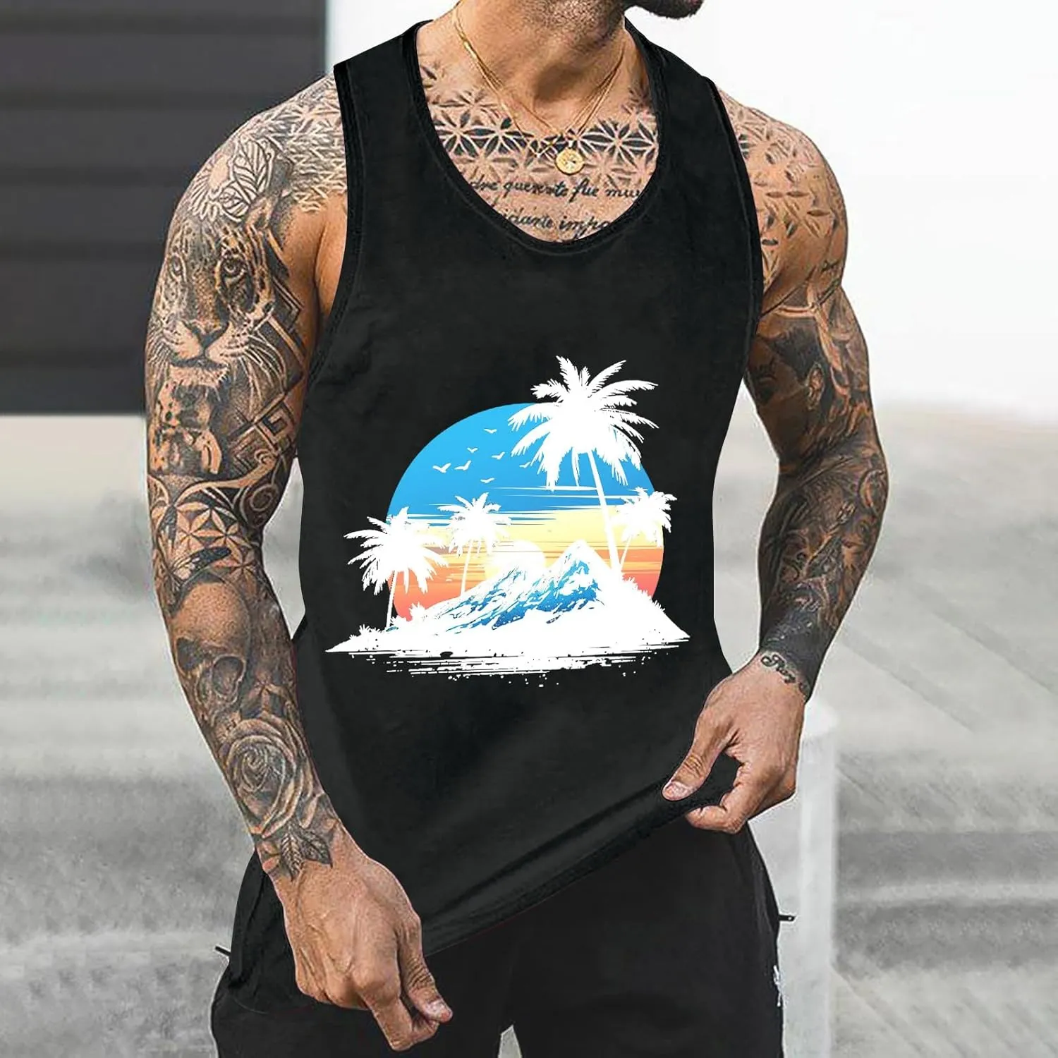 Big and Tall Graphic Tank Tops for Men Sleeveless Palm Tree Shirts Pullover Loose Running Workout Tops Muscle Vest
