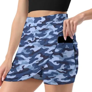 Blue Camouflage Women's Mini Tennis Skirt with Shorts Underneath Athletic Workout Cute Skorts