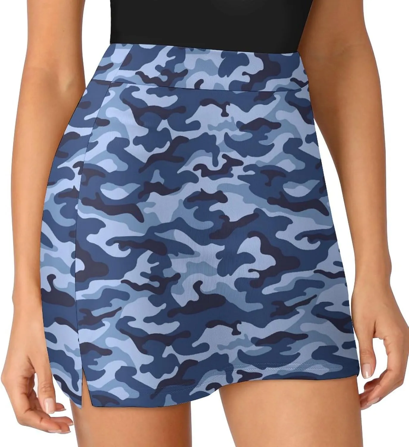 Blue Camouflage Women's Mini Tennis Skirt with Shorts Underneath Athletic Workout Cute Skorts
