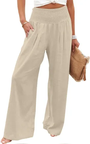 Boho Linen Palazzo Pants for Women Wide Leg Summer Lounge Pant Beach Vacation Casual Elastic High Waisted Trousers