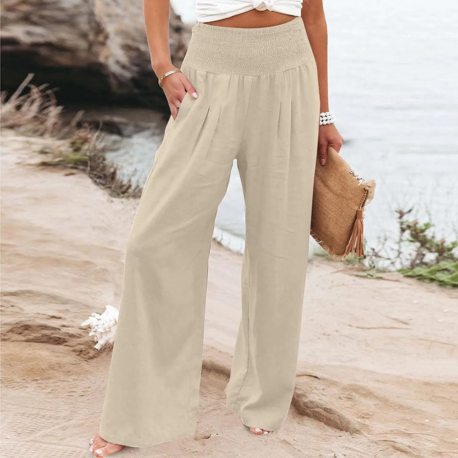 Boho Linen Palazzo Pants for Women Wide Leg Summer Lounge Pant Beach Vacation Casual Elastic High Waisted Trousers