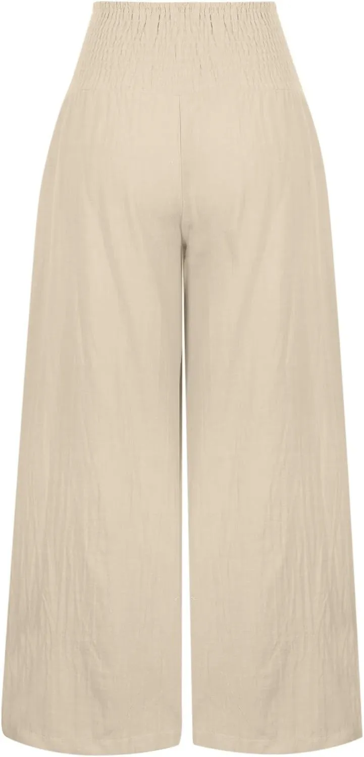 Boho Linen Palazzo Pants for Women Wide Leg Summer Lounge Pant Beach Vacation Casual Elastic High Waisted Trousers