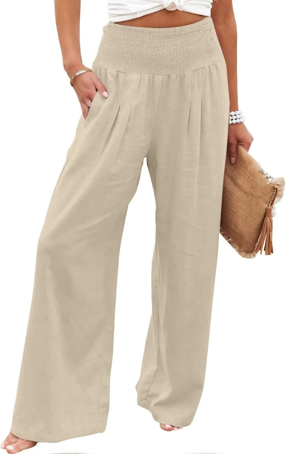 Boho Linen Palazzo Pants for Women Wide Leg Summer Lounge Pant Beach Vacation Casual Elastic High Waisted Trousers