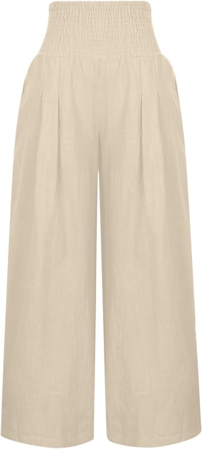 Boho Linen Palazzo Pants for Women Wide Leg Summer Lounge Pant Beach Vacation Casual Elastic High Waisted Trousers