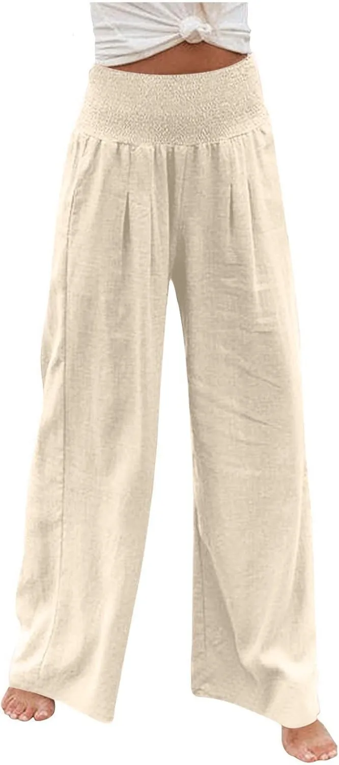 Boho Linen Palazzo Pants for Women Wide Leg Summer Lounge Pant Beach Vacation Casual Elastic High Waisted Trousers