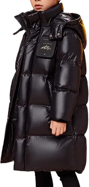 Boys Girls Fashion Long Hooded Down Coat Kids Puffer Down Jacket Thick Warm Coat Padded Hooded (Black, 12-13 Years)