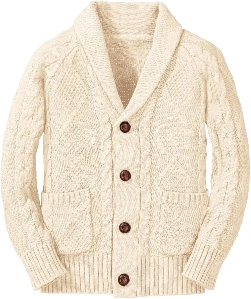 Boy's Sweater Cardigan Button Down Shawl Collar Cable Knitted Outwear Sweater Coats with Pockets