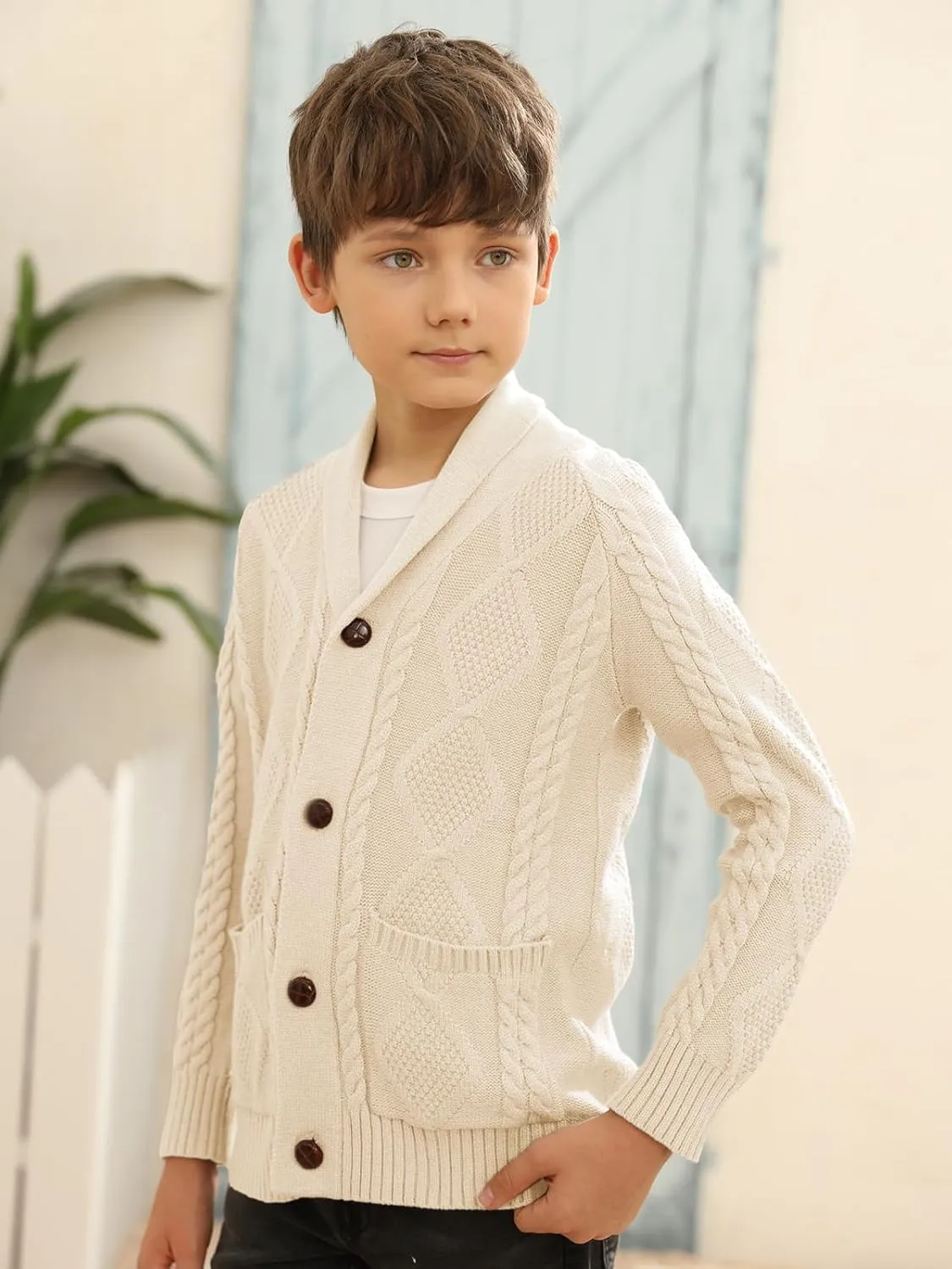 Boy's Sweater Cardigan Button Down Shawl Collar Cable Knitted Outwear Sweater Coats with Pockets