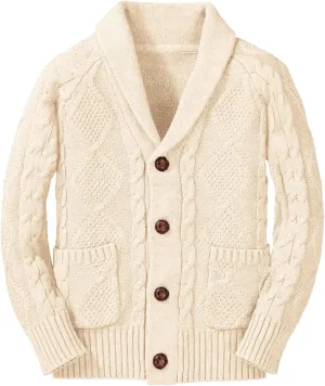 Boy's Sweater Cardigan Button Down Shawl Collar Cable Knitted Outwear Sweater Coats with Pockets