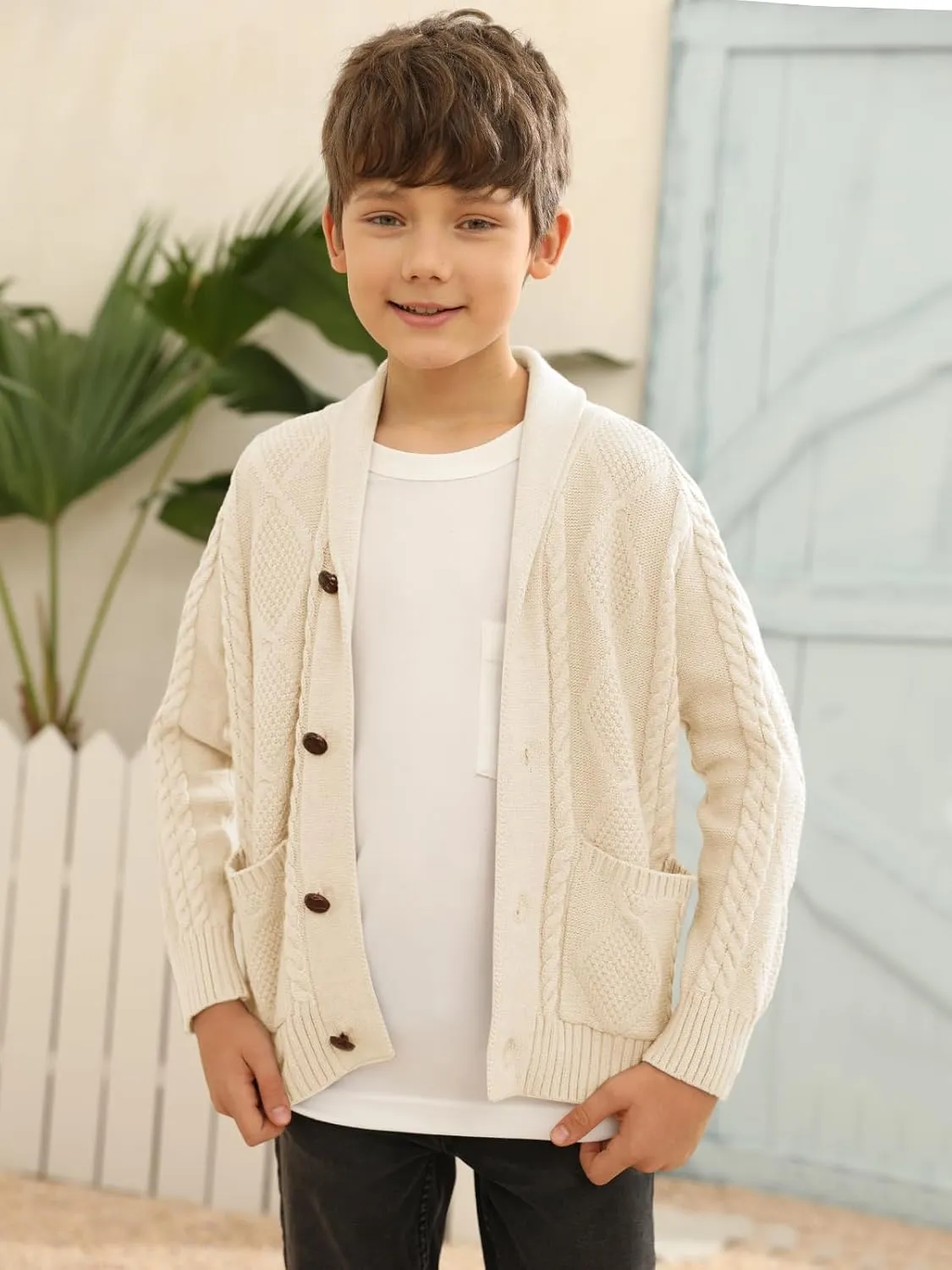 Boy's Sweater Cardigan Button Down Shawl Collar Cable Knitted Outwear Sweater Coats with Pockets